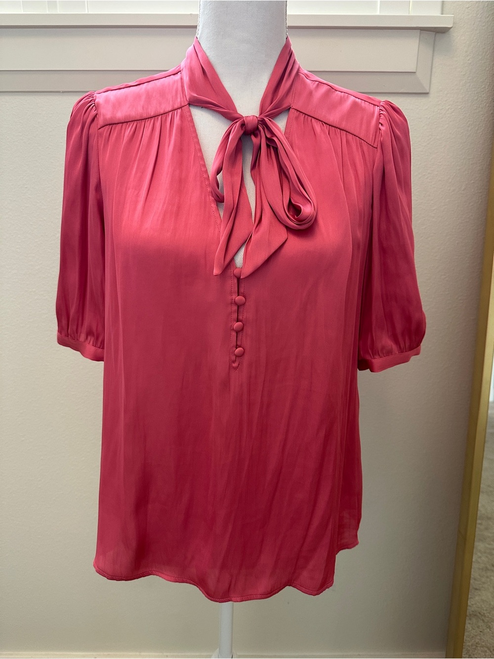 PAIGE Tie-Neck Short Sleeve Esta Blouse in Pink